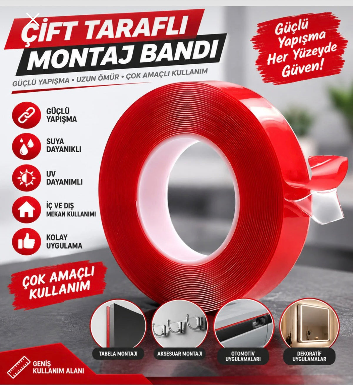 10Mm X 5 metre  Kırmızı Çift Taraflı Silikon Akrilik İz Bırakmaz Şeffaf Bant