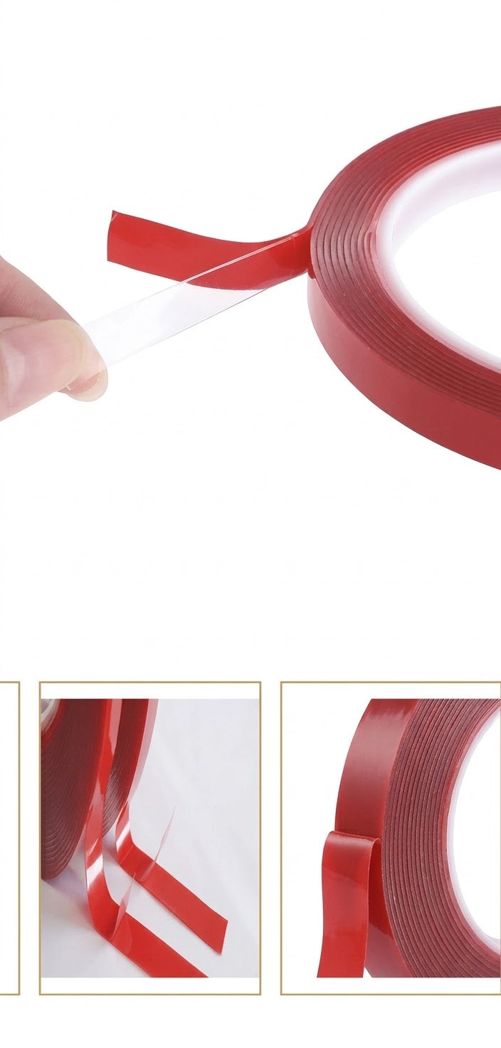 10Mm X 5 metre  Kırmızı Çift Taraflı Silikon Akrilik İz Bırakmaz Şeffaf Bant